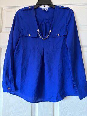 Dizzire Royal Blue Long Sleeve Blouse With Gold Chain Accent & Button Details Si